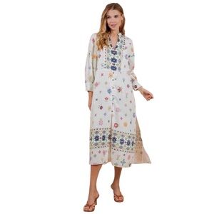 Zara Floral Embroidery Print Kaftan Tunic Dress Long Sleeves Cream Size Medium